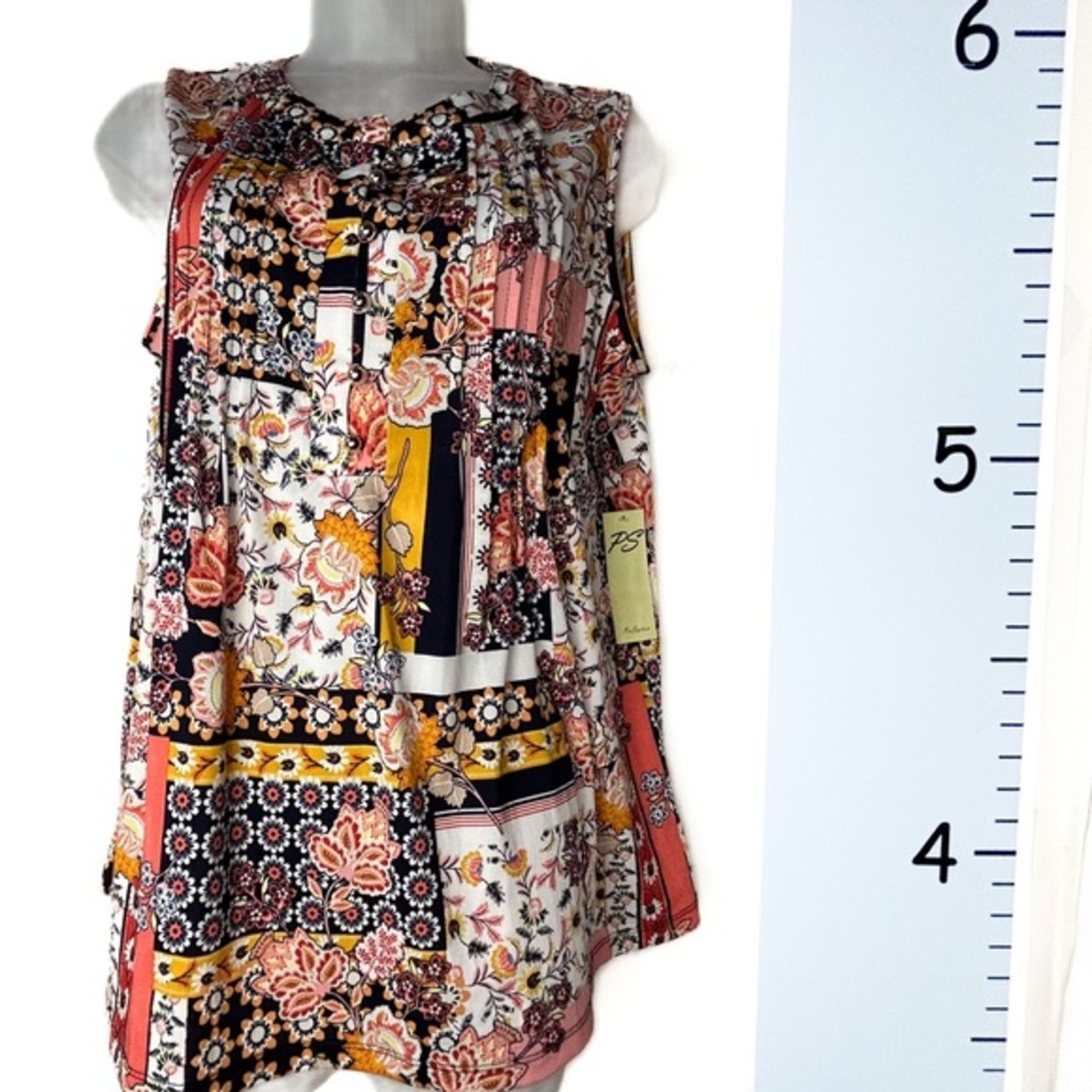 Per Septien Concept Black White Yellow Floral Sleeveless Blouse NWT Medium